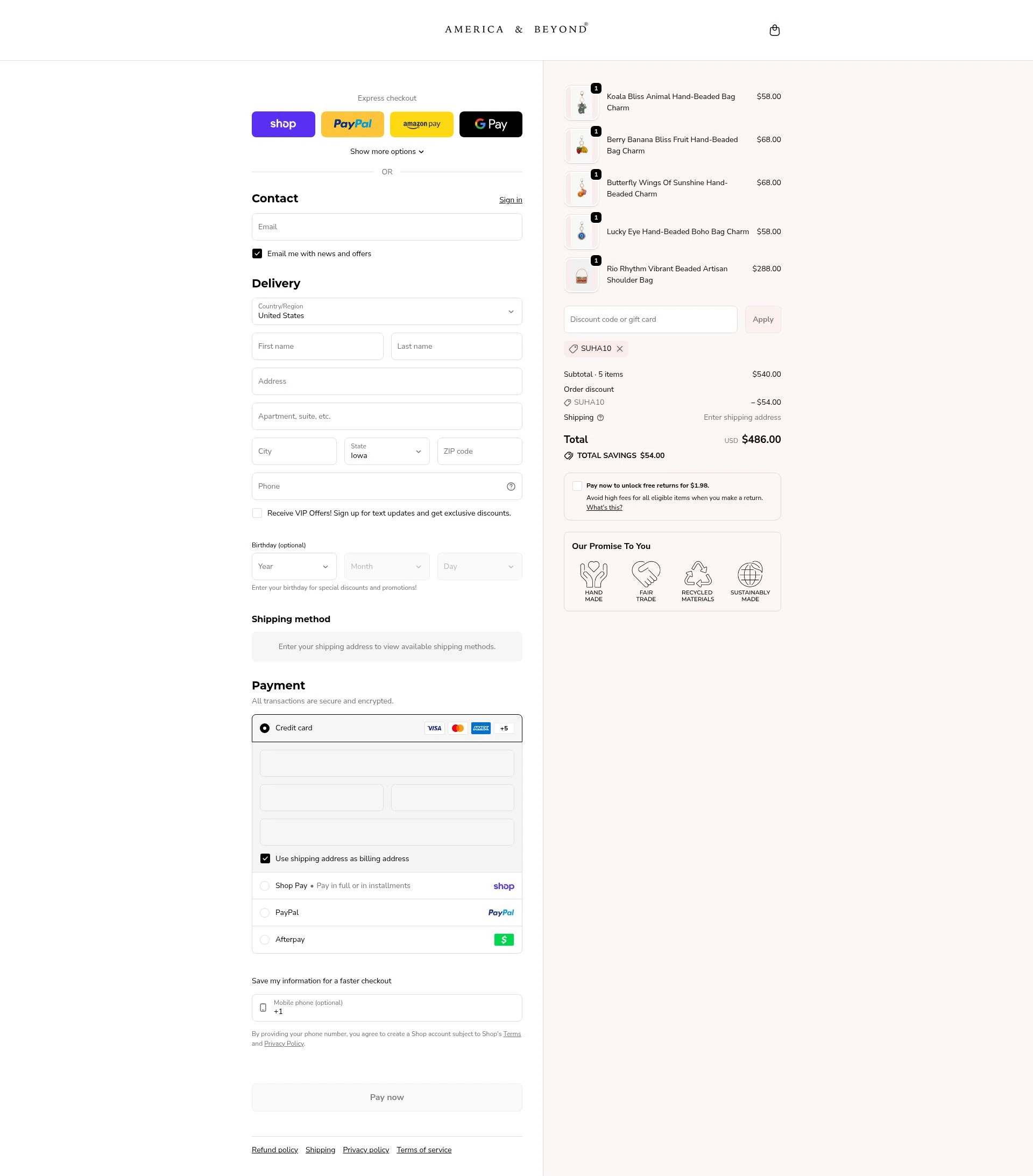 America & Beyond checkout page showing America & Beyond promo code box | Screenshot taken by SimplyCodes community member on Feb 19, 2026