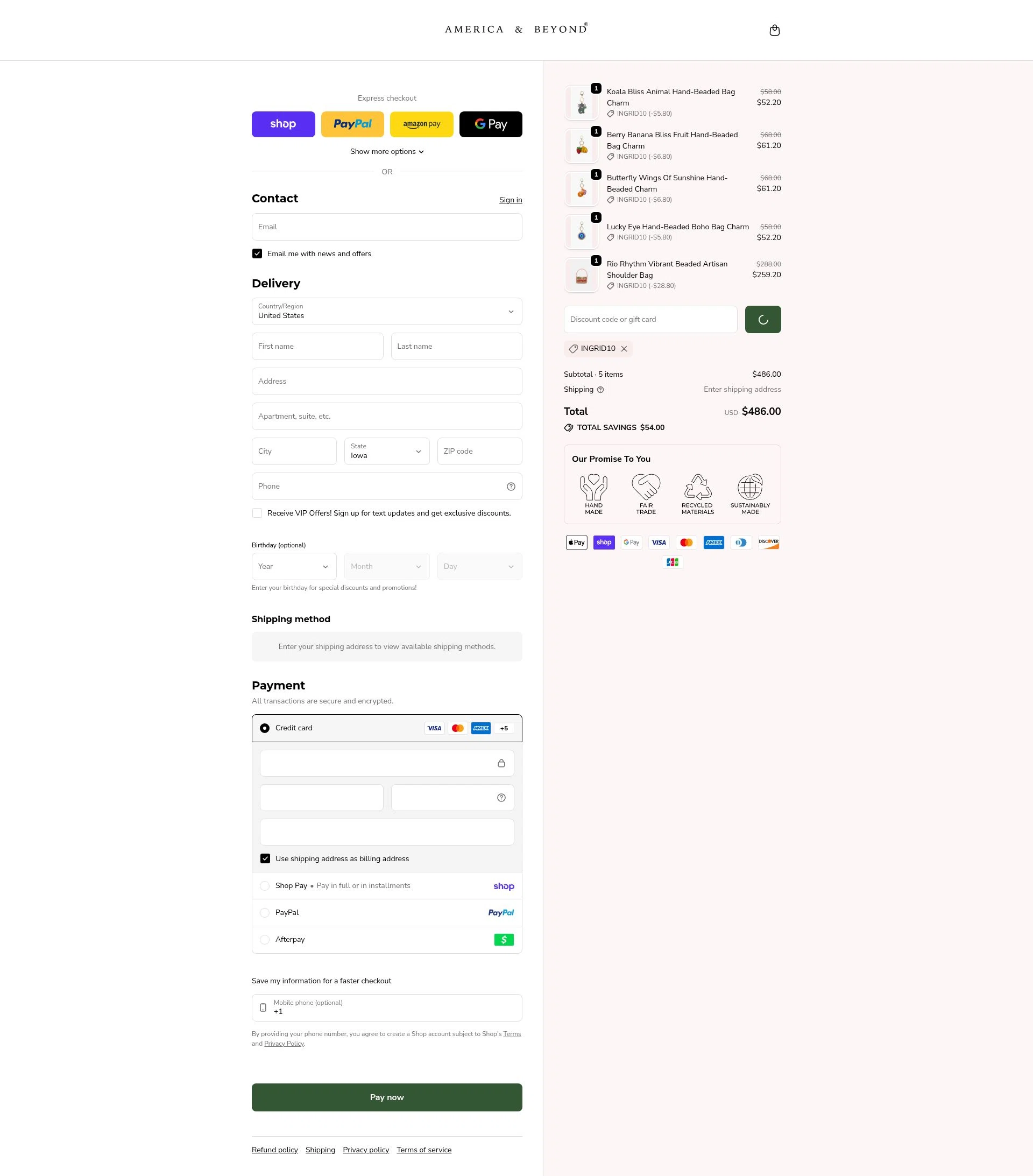 America & Beyond checkout page showing America & Beyond promo code box | Screenshot taken by SimplyCodes community member on Feb 19, 2026