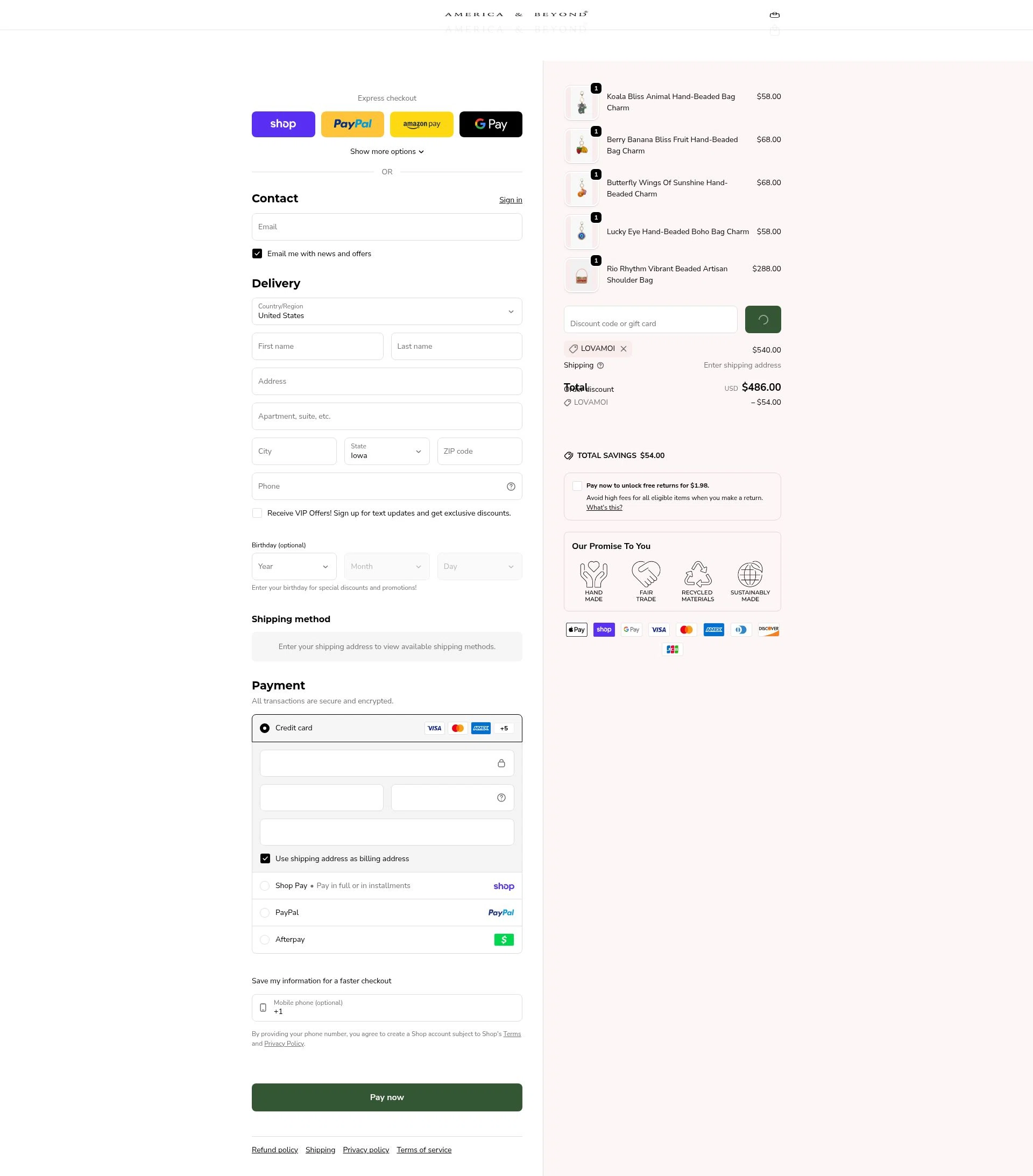 America & Beyond checkout page showing America & Beyond promo code box | Screenshot taken by SimplyCodes community member on Feb 19, 2026