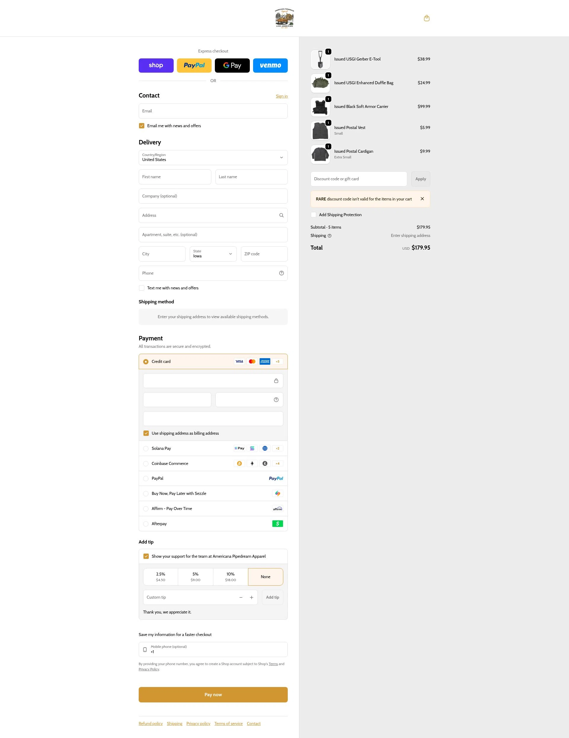 Americana Pipedream Apparel checkout page showing Americana Pipedream Apparel discount code box | Screenshot taken by SimplyCodes community member on Feb 6, 2026