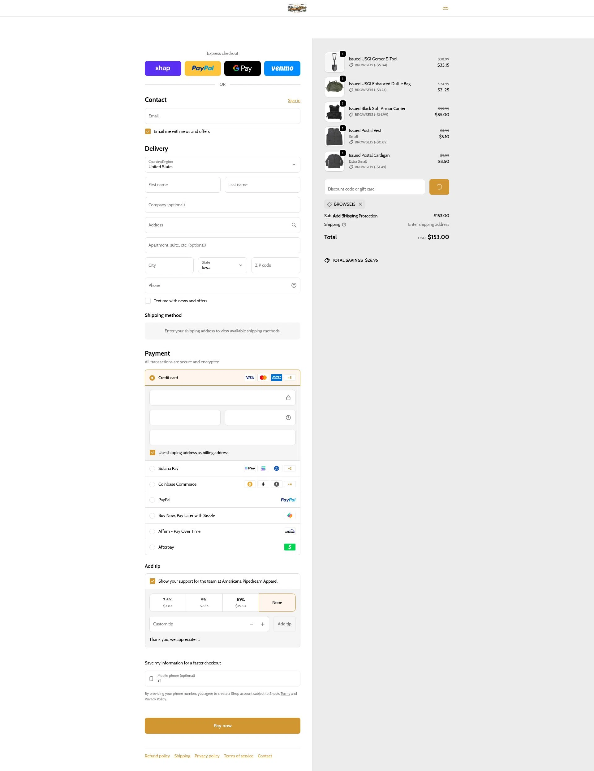 Americana Pipedream Apparel checkout page showing Americana Pipedream Apparel discount code box | Screenshot taken by SimplyCodes community member on Feb 6, 2026