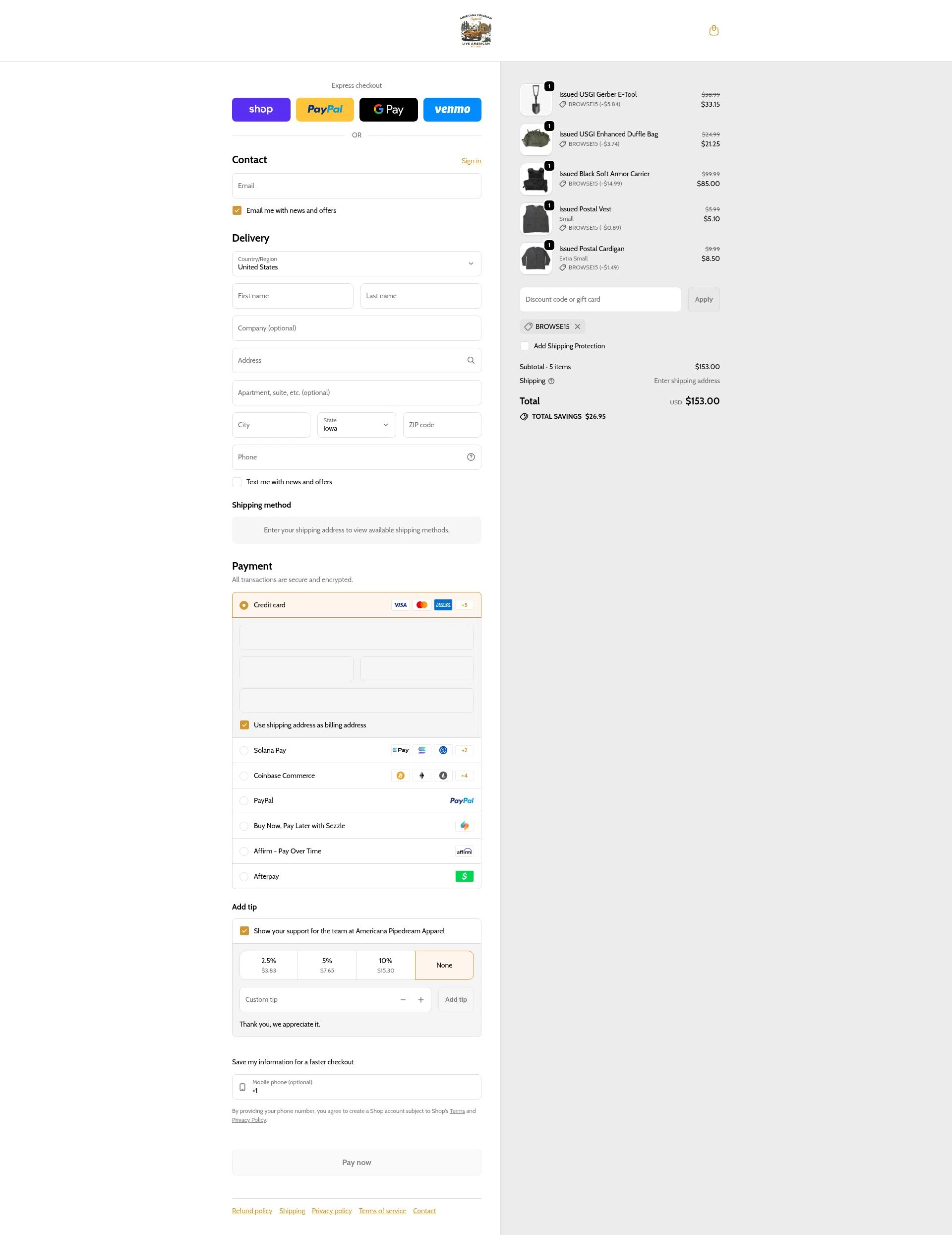 Americana Pipedream Apparel checkout page showing Americana Pipedream Apparel discount code box | Screenshot taken by SimplyCodes community member on Feb 8, 2026