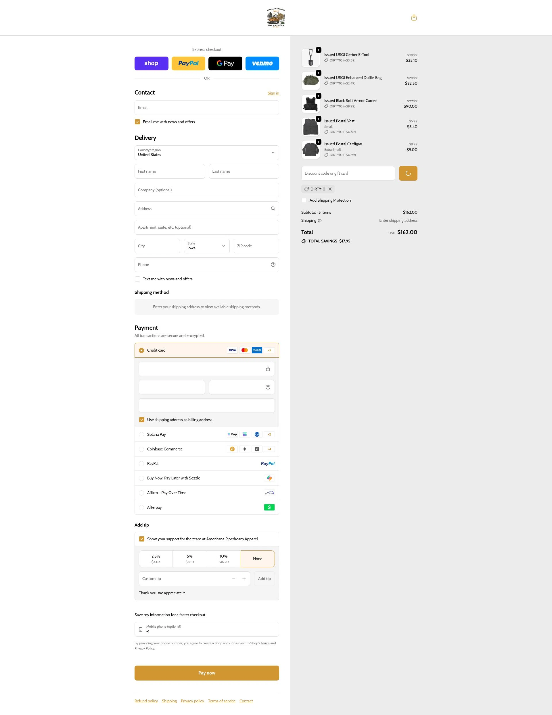 Americana Pipedream Apparel checkout page showing Americana Pipedream Apparel discount code box | Screenshot taken by SimplyCodes community member on Feb 6, 2026