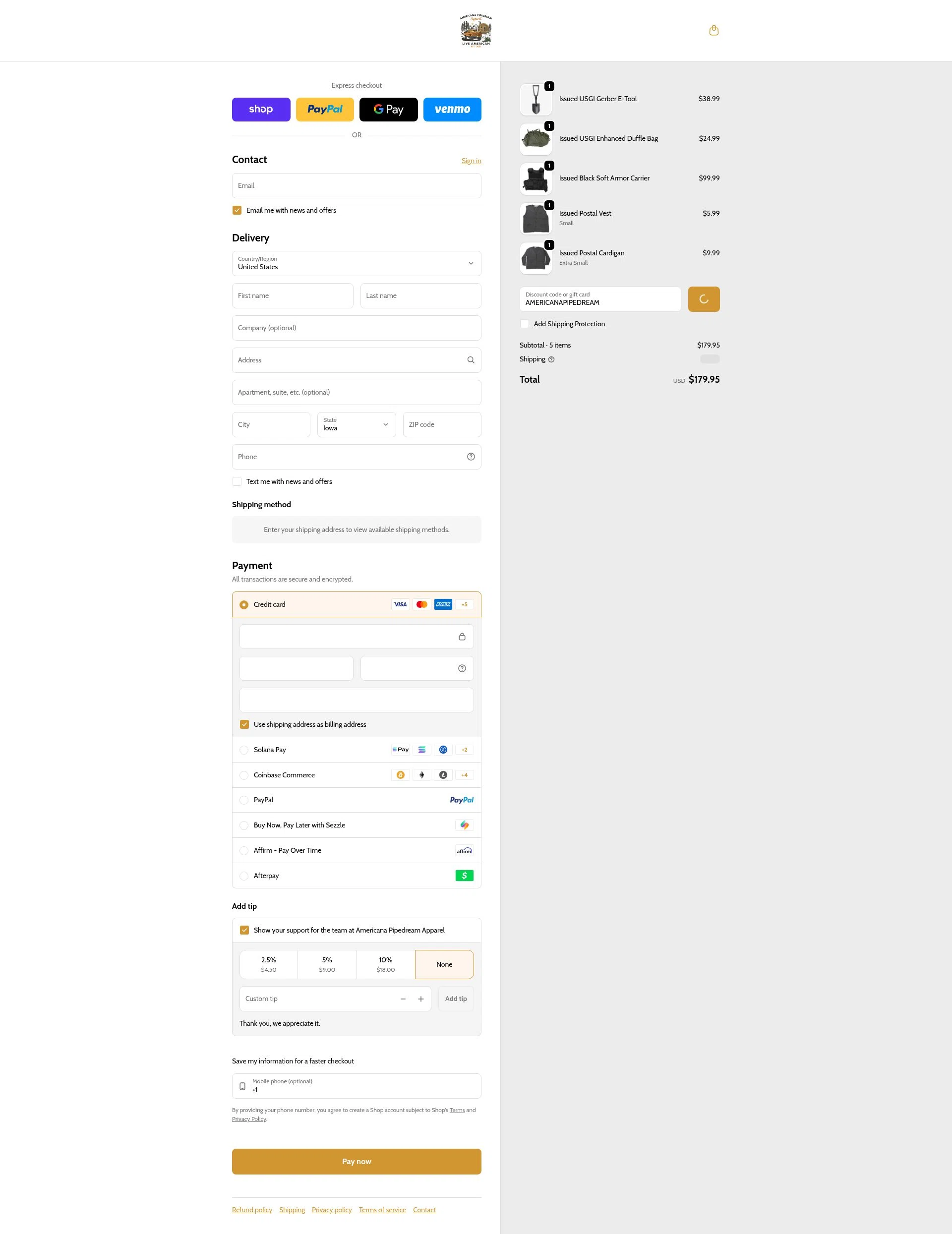 Americana Pipedream Apparel checkout page showing Americana Pipedream Apparel discount code box | Screenshot taken by SimplyCodes community member on Feb 6, 2026