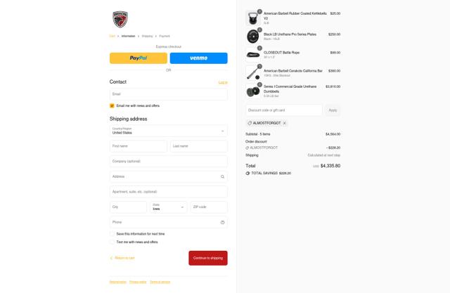 American Barbell checkout page showing American Barbell discount code box | Screenshot taken by SimplyCodes community member on Sep 9, 2025
