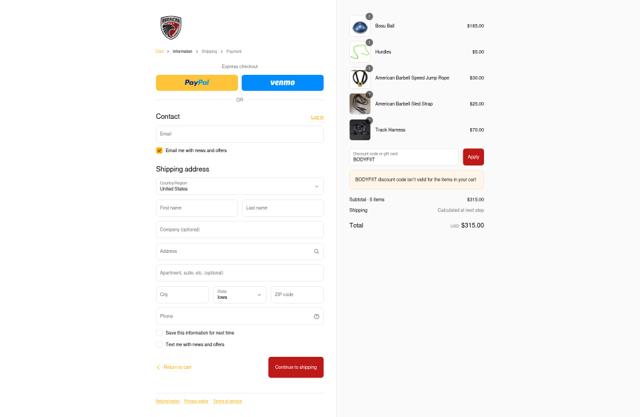 American Barbell checkout page showing American Barbell discount code box | Screenshot taken by SimplyCodes community member on Sep 4, 2025