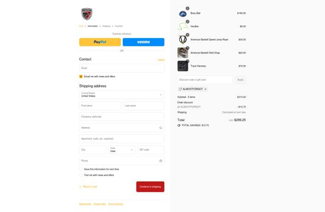 American Barbell checkout page showing American Barbell discount code box | Screenshot taken by SimplyCodes community member on Sep 4, 2025