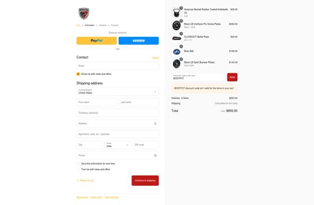 American Barbell checkout page showing American Barbell discount code box | Screenshot taken by SimplyCodes community member on Aug 31, 2025