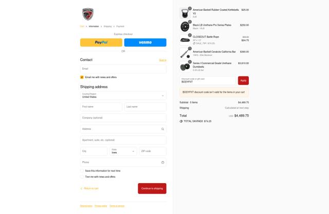 American Barbell checkout page showing American Barbell discount code box | Screenshot taken by SimplyCodes community member on Sep 13, 2025