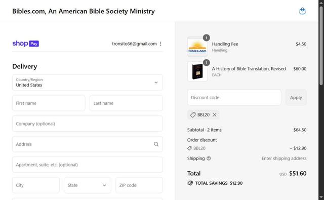 Bibles.com checkout page showing Bibles.com promo code box | Screenshot taken by SimplyCodes community member on Aug 18, 2025