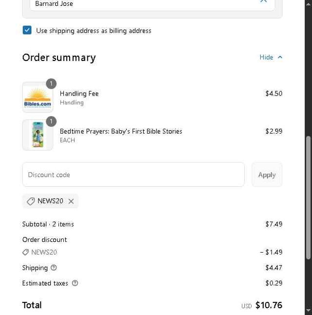 Bibles.com checkout page showing Bibles.com promo code box | Screenshot taken by SimplyCodes community member on Aug 2, 2025