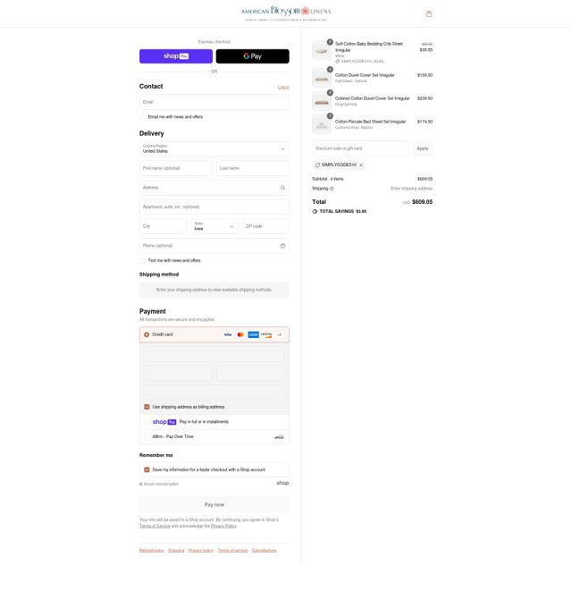 American Blossom Linens checkout page showing American Blossom Linens coupon code box | Screenshot taken by SimplyCodes community member on Aug 10, 2025