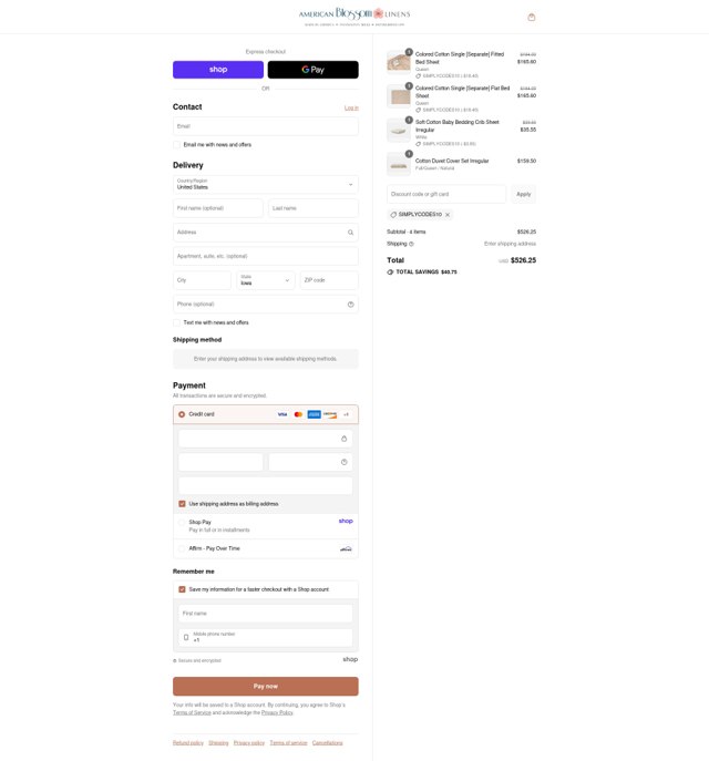 American Blossom Linens checkout page showing American Blossom Linens coupon code box | Screenshot taken by SimplyCodes community member on Sep 4, 2025