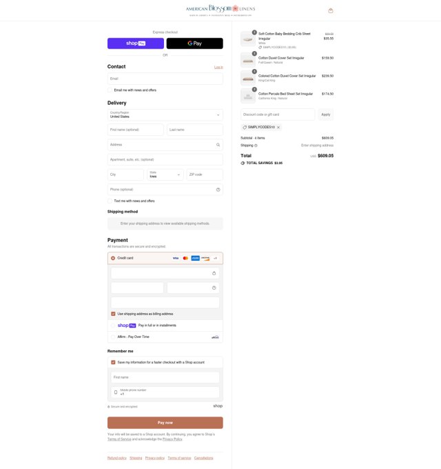 American Blossom Linens checkout page showing American Blossom Linens coupon code box | Screenshot taken by SimplyCodes community member on Aug 1, 2025