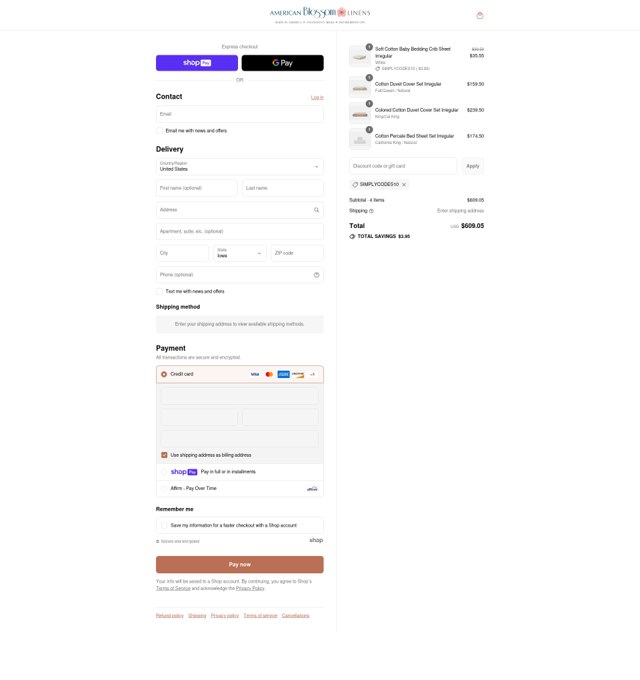 American Blossom Linens checkout page showing American Blossom Linens coupon code box | Screenshot taken by SimplyCodes community member on Jul 28, 2025