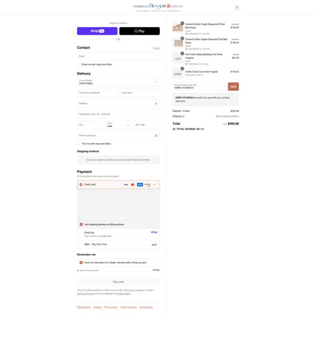 American Blossom Linens checkout page showing American Blossom Linens coupon code box | Screenshot taken by SimplyCodes community member on Aug 27, 2025