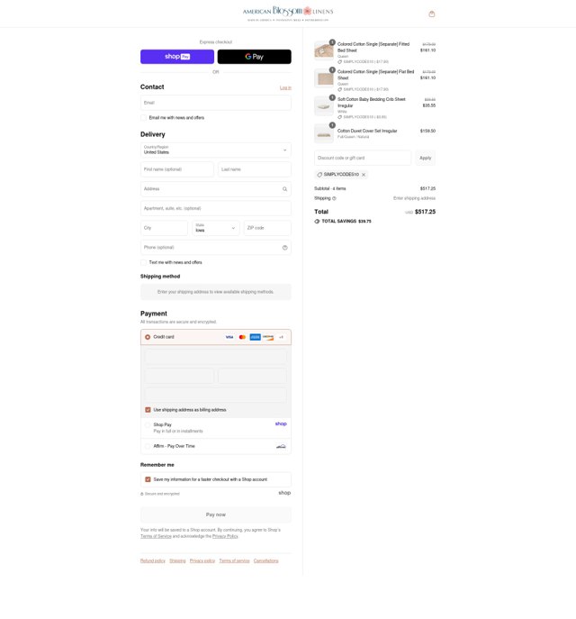 American Blossom Linens checkout page showing American Blossom Linens coupon code box | Screenshot taken by SimplyCodes community member on Aug 23, 2025