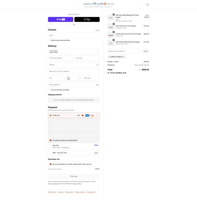 American Blossom Linens checkout page showing American Blossom Linens coupon code box | Screenshot taken by SimplyCodes community member on Aug 18, 2025