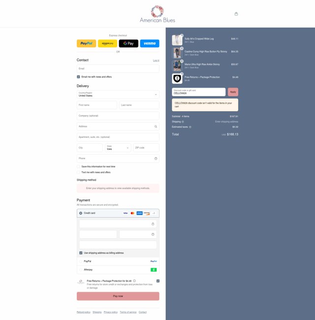 American Blues checkout page showing American Blues discount code box | Screenshot taken by SimplyCodes community member on Aug 27, 2025