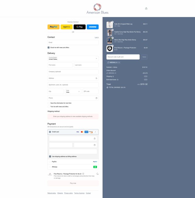 American Blues checkout page showing American Blues discount code box | Screenshot taken by SimplyCodes community member on Aug 27, 2025