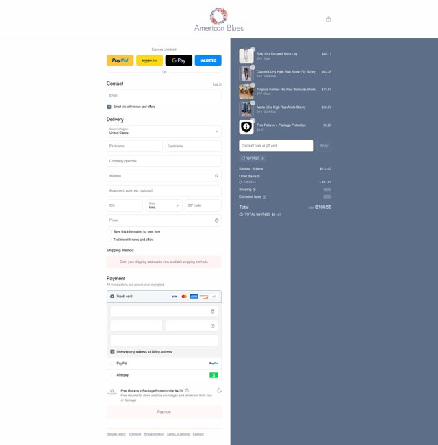 American Blues checkout page showing American Blues discount code box | Screenshot taken by SimplyCodes community member on Aug 23, 2025