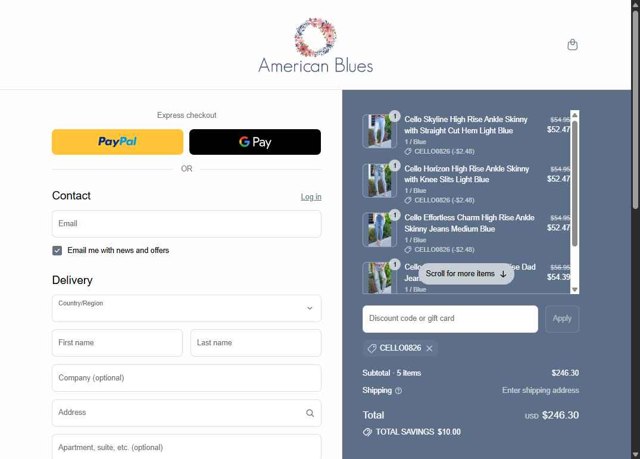 American Blues checkout page showing American Blues discount code box | Screenshot taken by SimplyCodes community member on Aug 27, 2025