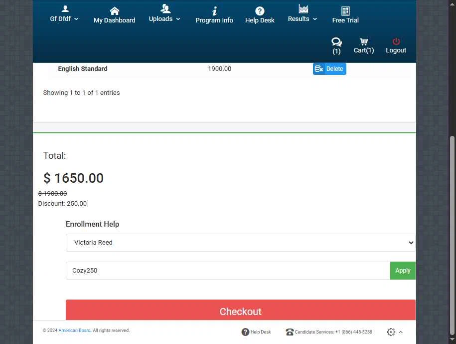 American Board checkout page showing American Board coupon code box | Screenshot taken by SimplyCodes community member on Jan 29, 2026