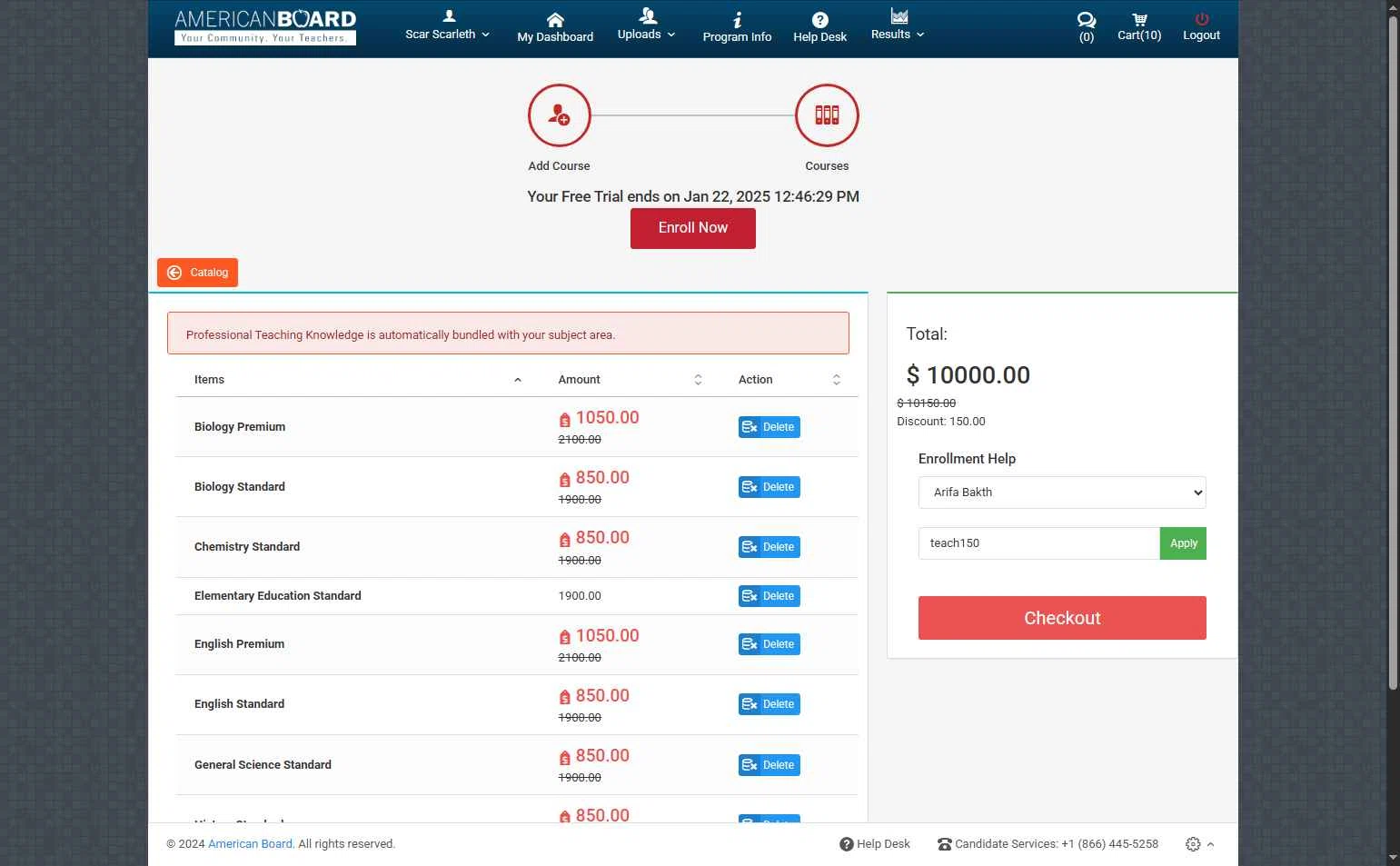American Board checkout page showing American Board coupon code box | Screenshot taken by SimplyCodes community member on Feb 13, 2026