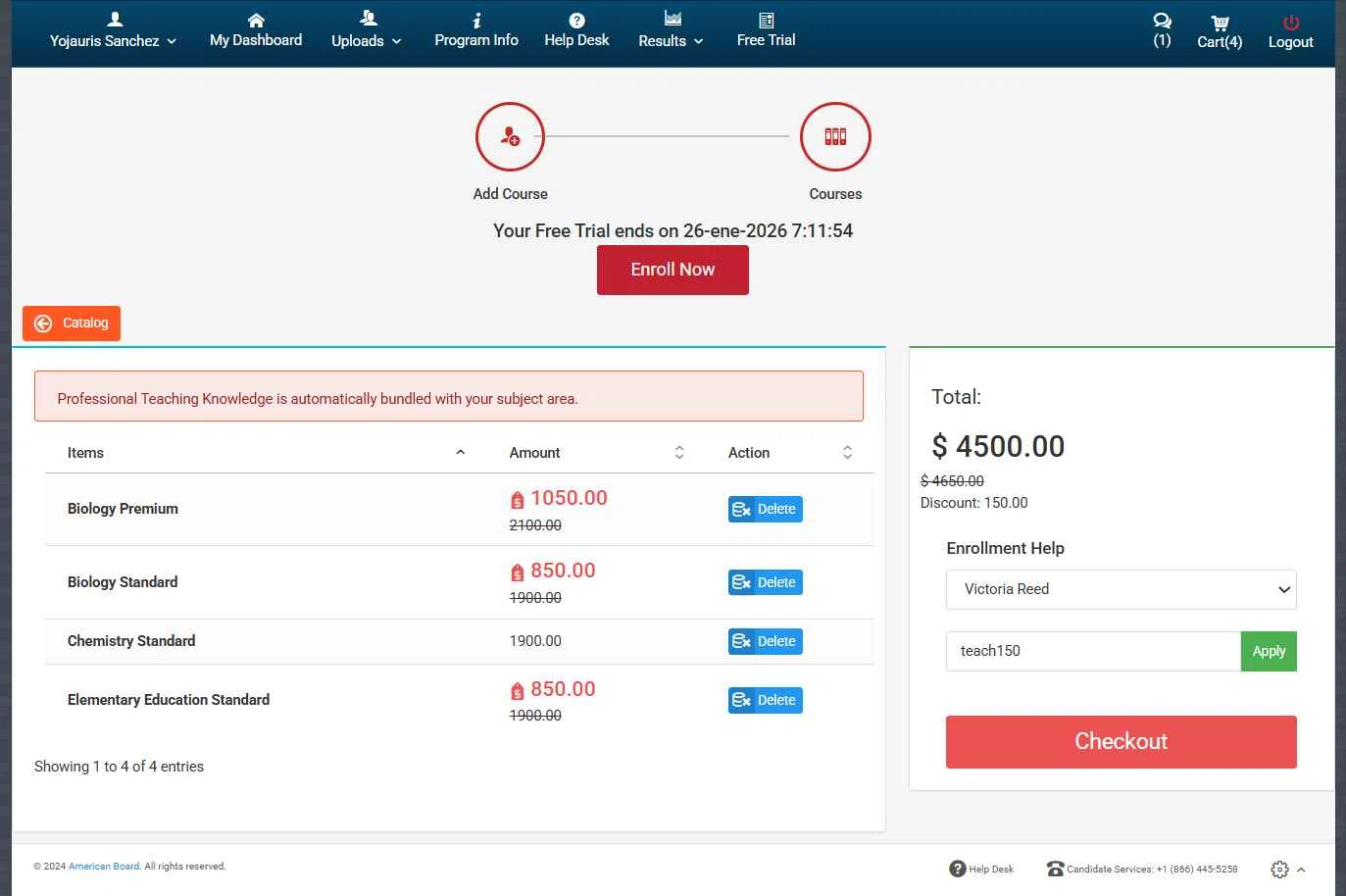 American Board checkout page showing American Board coupon code box | Screenshot taken by SimplyCodes community member on Jan 19, 2026