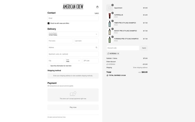 American Crew checkout page showing American Crew discount code box | Screenshot taken by SimplyCodes community member on Sep 3, 2025