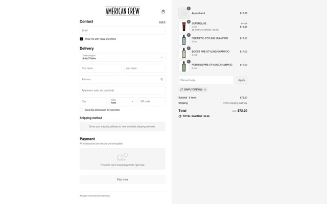 American Crew checkout page showing American Crew discount code box | Screenshot taken by SimplyCodes community member on Aug 26, 2025