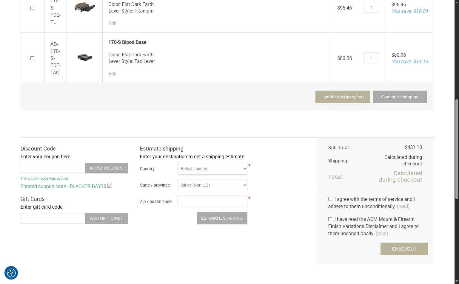 American Defense MFG checkout page showing American Defense MFG coupon code box | Screenshot taken by SimplyCodes community member on Nov 26, 2025