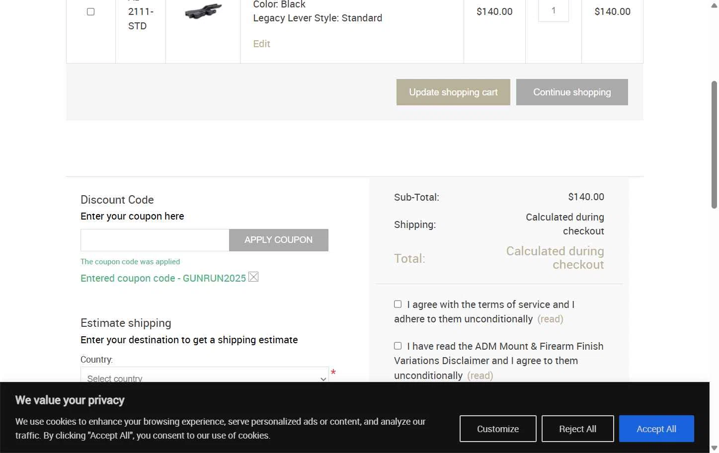 American Defense MFG checkout page showing American Defense MFG coupon code box | Screenshot taken by SimplyCodes community member on May 26, 2025