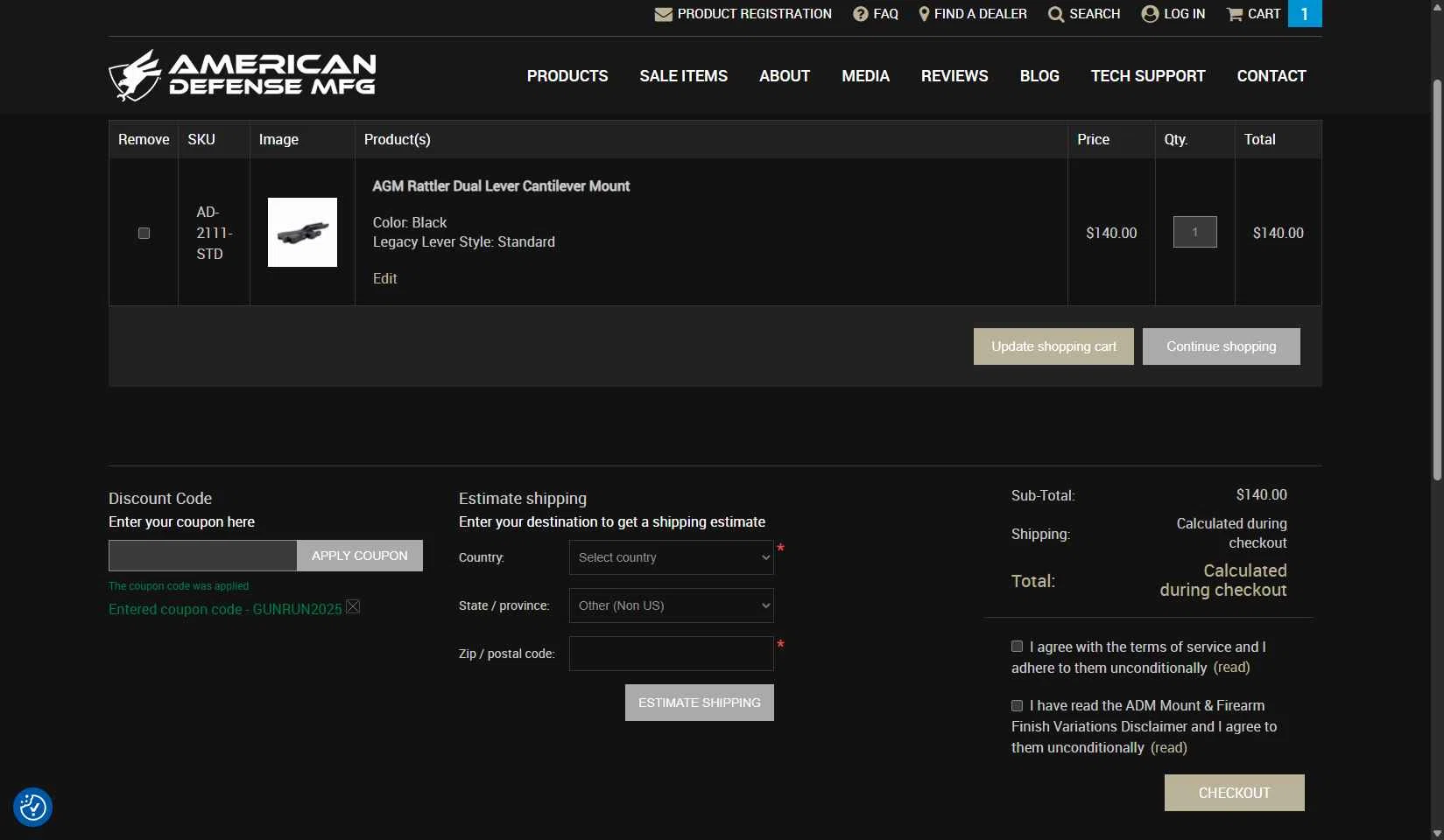 American Defense MFG checkout page showing American Defense MFG coupon code box | Screenshot taken by SimplyCodes community member on Sep 29, 2025