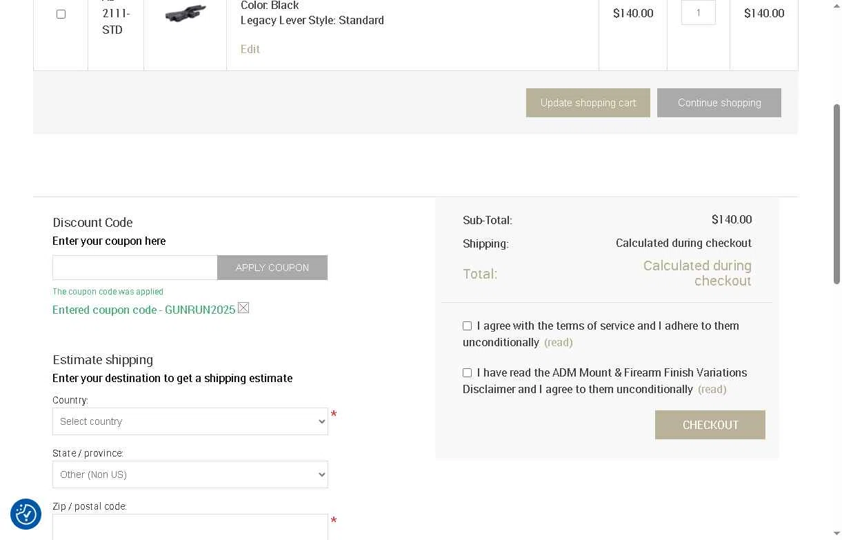 American Defense MFG checkout page showing American Defense MFG coupon code box | Screenshot taken by SimplyCodes community member on May 19, 2025
