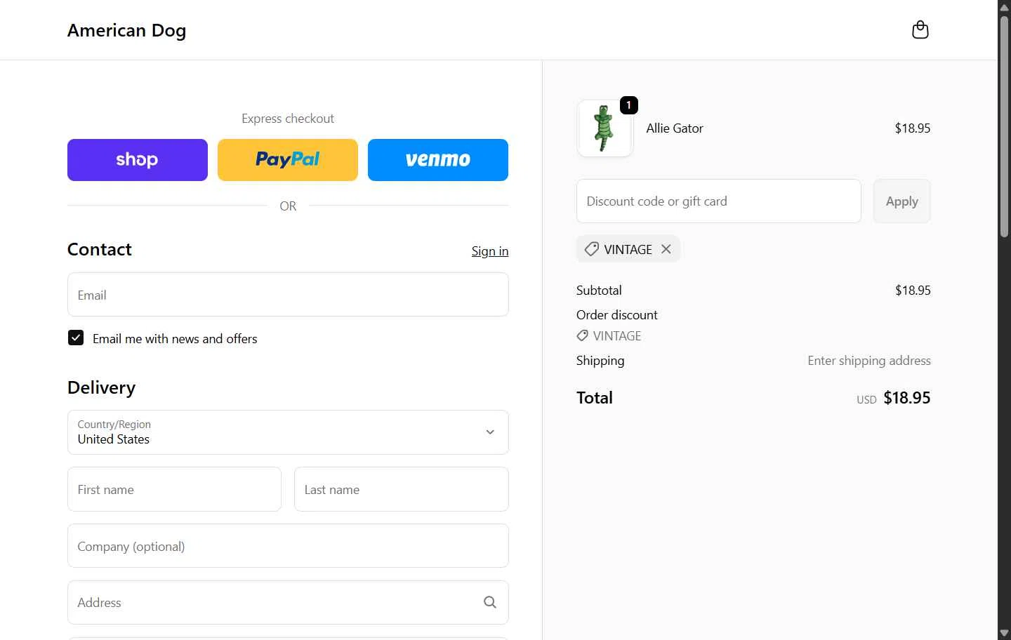 American Dog checkout page showing American Dog promo code box | Screenshot taken by SimplyCodes community member on Jan 12, 2026