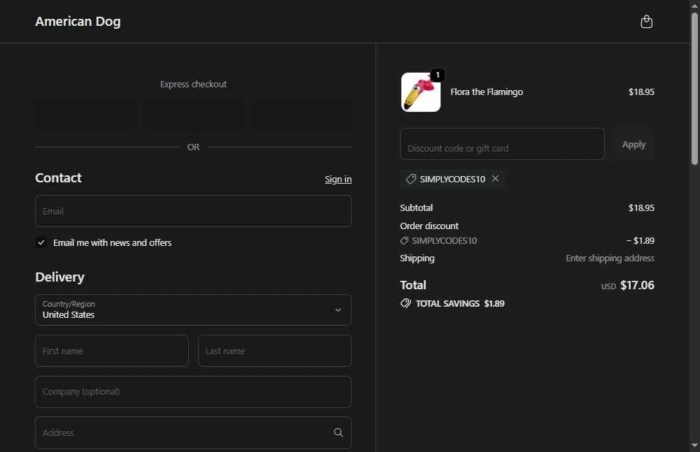 American Dog checkout page showing American Dog promo code box | Screenshot taken by SimplyCodes community member on Jan 4, 2026