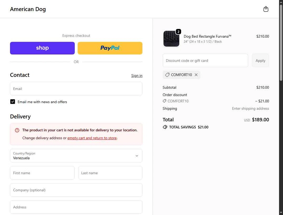 American Dog checkout page showing American Dog promo code box | Screenshot taken by SimplyCodes community member on Jan 24, 2026