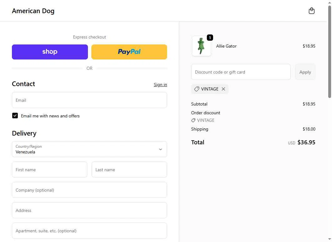 American Dog checkout page showing American Dog promo code box | Screenshot taken by SimplyCodes community member on Feb 10, 2026