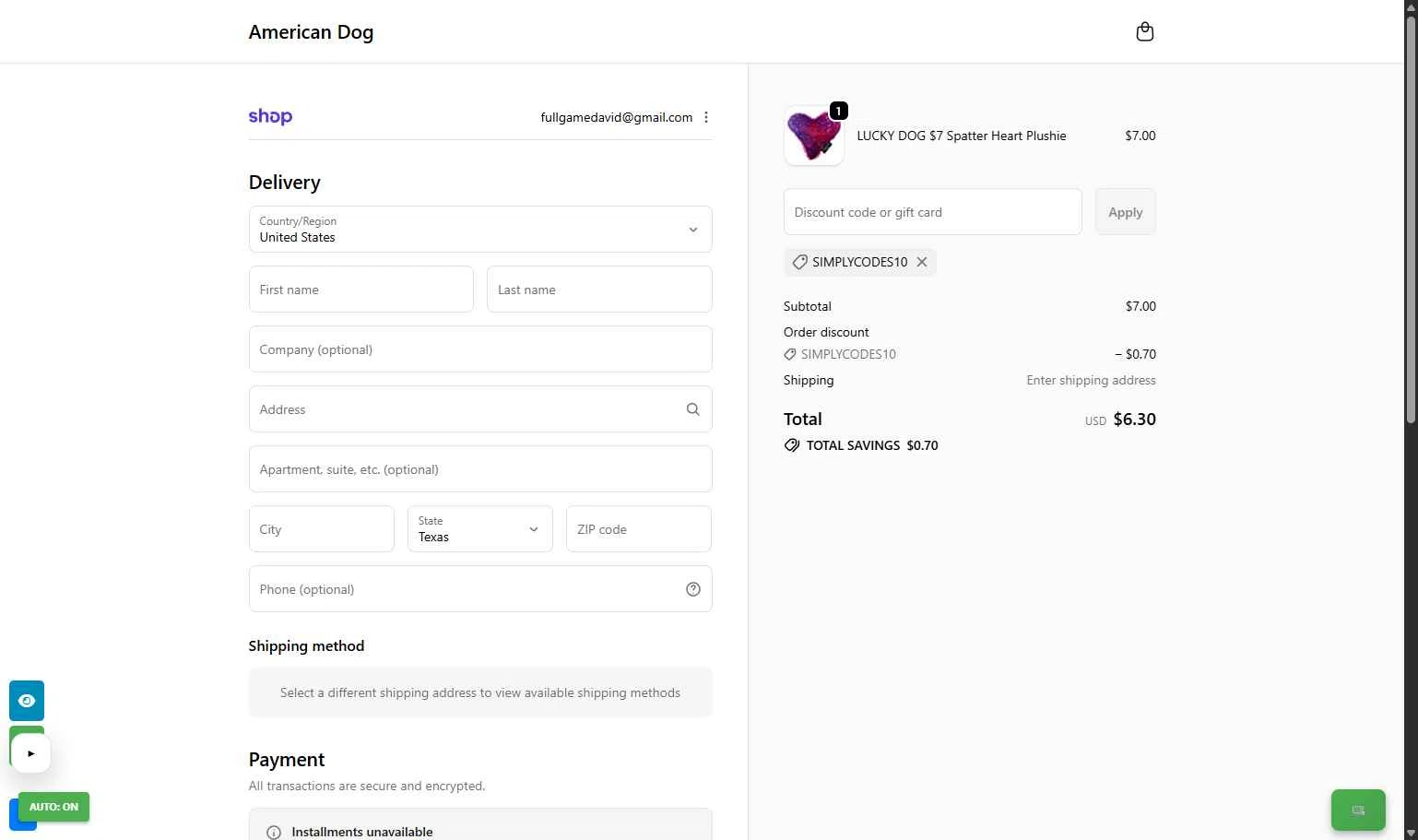 American Dog checkout page showing American Dog promo code box | Screenshot taken by SimplyCodes community member on Feb 2, 2026