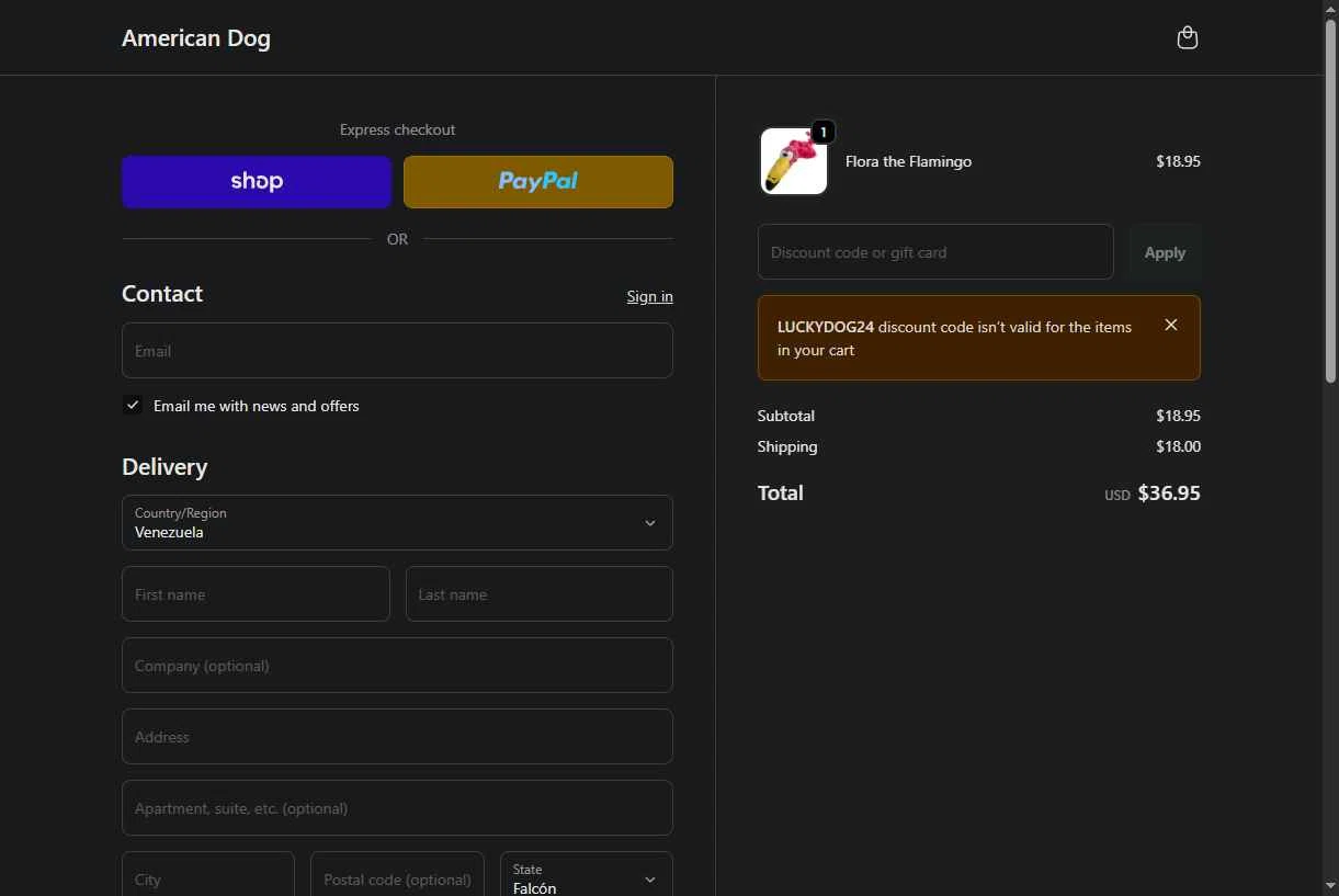 American Dog checkout page showing American Dog promo code box | Screenshot taken by SimplyCodes community member on Feb 10, 2026