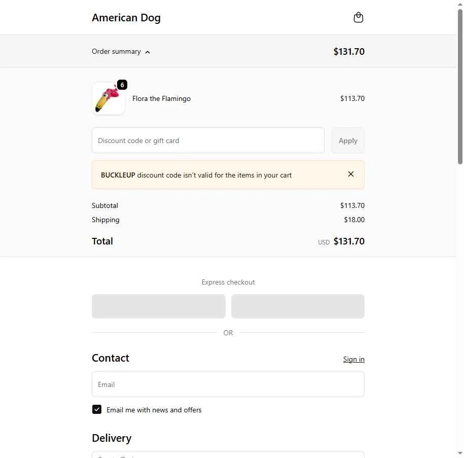American Dog checkout page showing American Dog promo code box | Screenshot taken by SimplyCodes community member on Jan 29, 2026