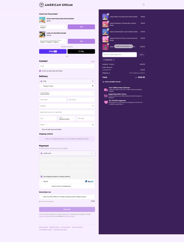 American Dream Nut Butter checkout page showing American Dream Nut Butter discount code box | Screenshot taken by SimplyCodes community member on Mar 8, 2025