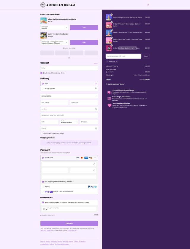 American Dream Nut Butter checkout page showing American Dream Nut Butter discount code box | Screenshot taken by SimplyCodes community member on Mar 8, 2025
