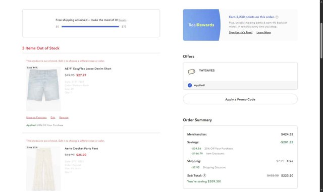 American Eagle checkout page showing American Eagle promo code box | Screenshot taken by SimplyCodes community member on Jun 27, 2025
