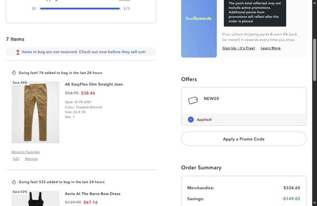 American Eagle checkout page showing American Eagle promo code box | Screenshot taken by SimplyCodes community member on Jul 18, 2025