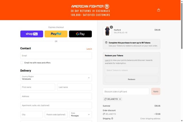 American Fighter checkout page showing American Fighter discount code box | Screenshot taken by SimplyCodes community member on Aug 24, 2025
