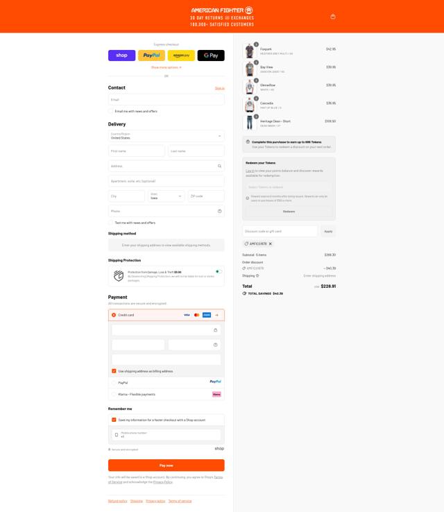 American Fighter checkout page showing American Fighter discount code box | Screenshot taken by SimplyCodes community member on Sep 14, 2025