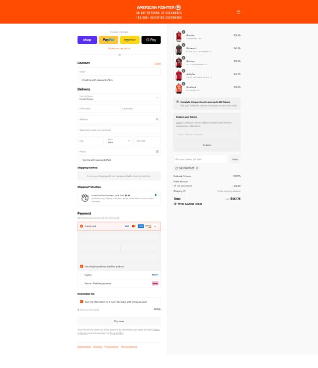 American Fighter checkout page showing American Fighter discount code box | Screenshot taken by SimplyCodes community member on Aug 28, 2025