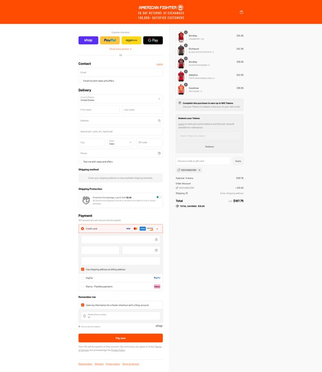 American Fighter checkout page showing American Fighter discount code box | Screenshot taken by SimplyCodes community member on Aug 28, 2025